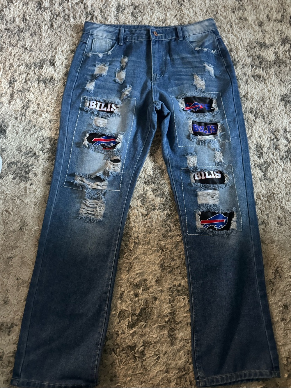 Men's Buffalo Bills nfl Blue Straight Jeans with Distressed Patchwork